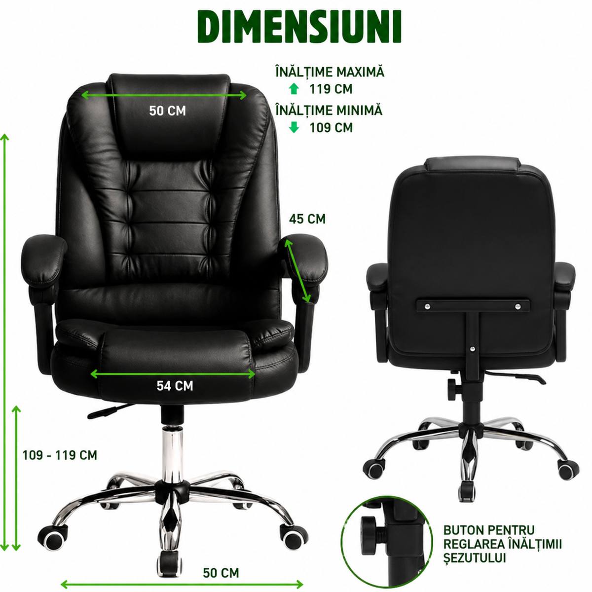 Scaun de birou ergonomic directorial cu suport lombar, piele ecologica neagra, rotativ, spatar si inaltime reglabile - imagine 7