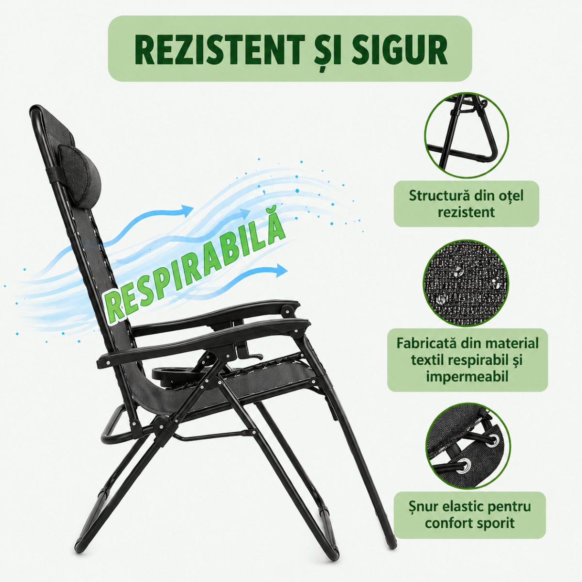 Scaun relaxare pliabil zero gravity tip sezlong negru cu suport pahar si tava, tetiera detasabila, structura otel - imagine 10
