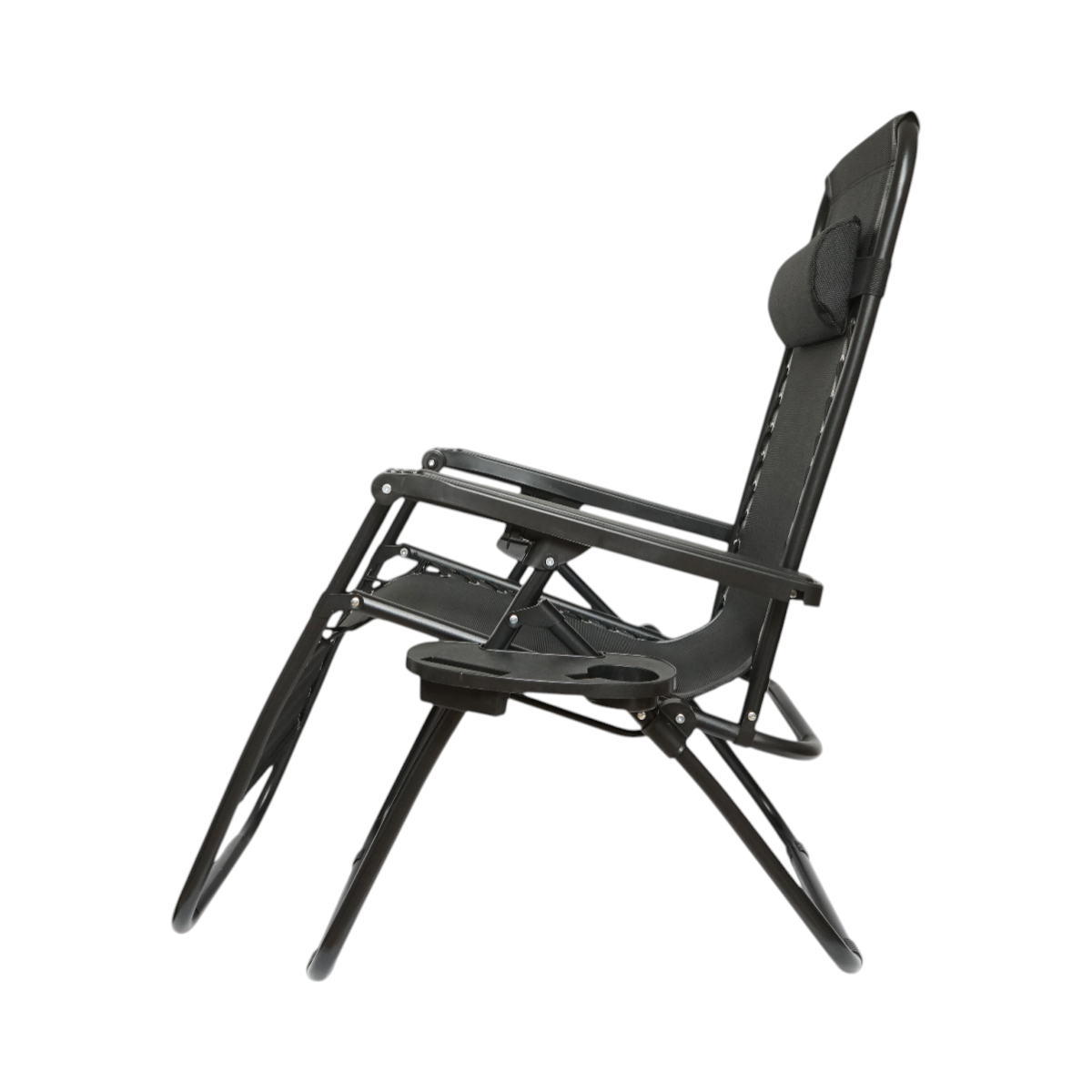 Scaun relaxare pliabil zero gravity tip sezlong negru cu suport pahar si tava, tetiera detasabila, structura otel - imagine 6