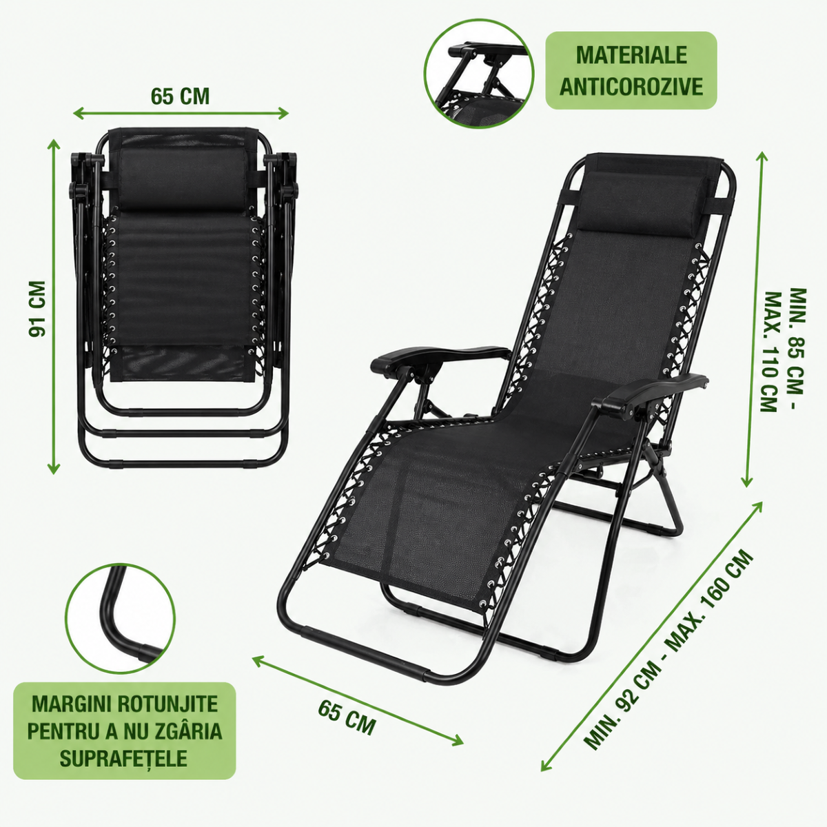 Scaun relaxare pliabil zero gravity tip sezlong negru cu suport pahar si tava, tetiera detasabila, structura otel - imagine 8