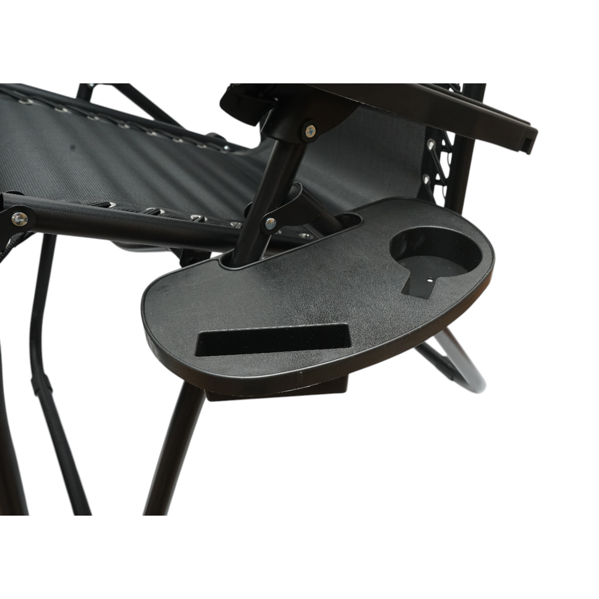 Scaun relaxare pliabil zero gravity tip sezlong negru cu suport pahar si tava, tetiera detasabila, structura otel - imagine 13