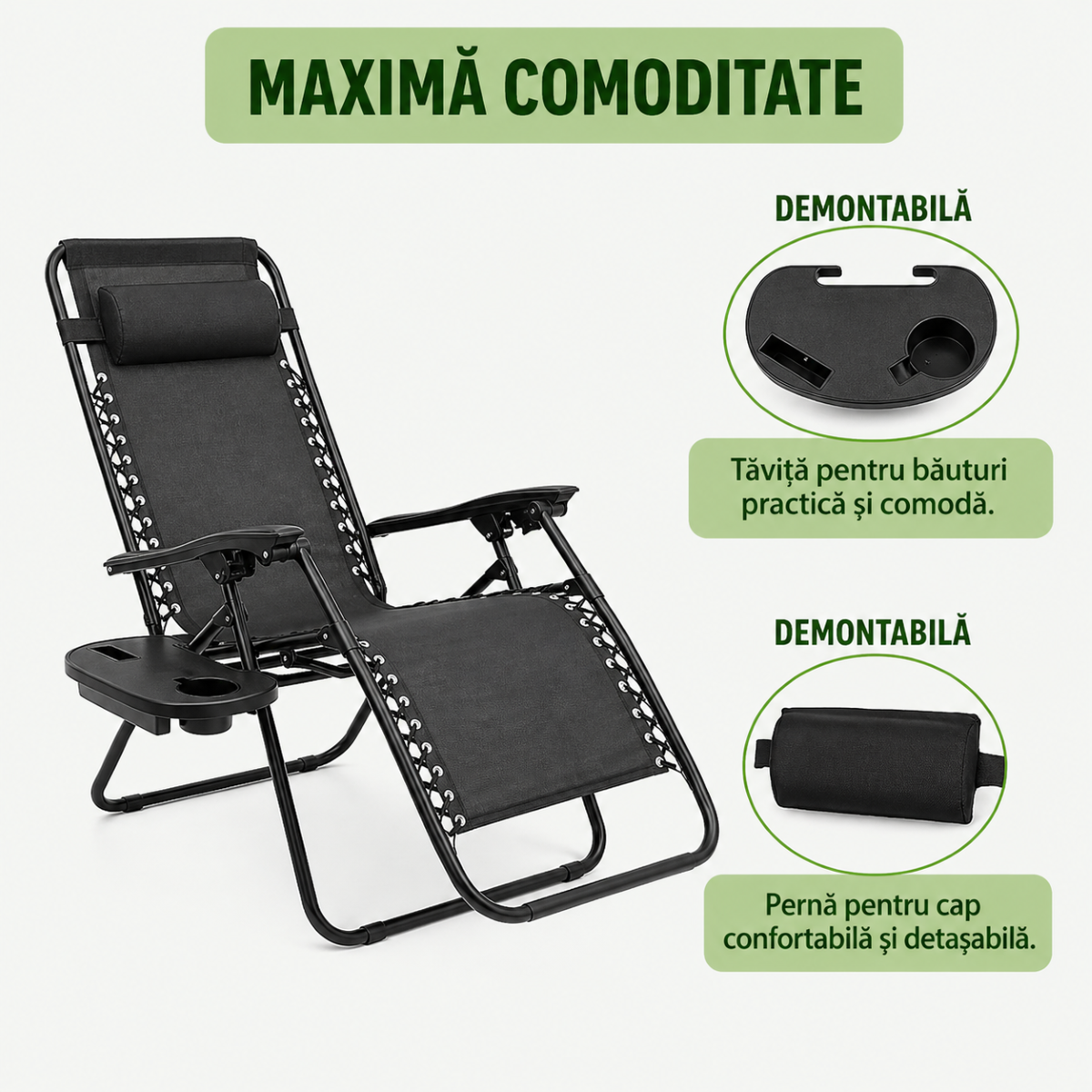 Scaun relaxare pliabil zero gravity tip sezlong negru cu suport pahar si tava, tetiera detasabila, structura otel - imagine 11