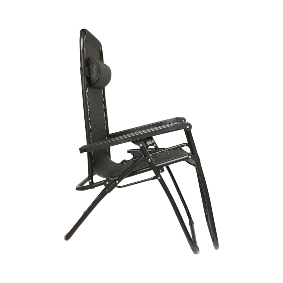 Scaun relaxare pliabil zero gravity tip sezlong negru cu suport pahar si tava, tetiera detasabila, structura otel - imagine 5