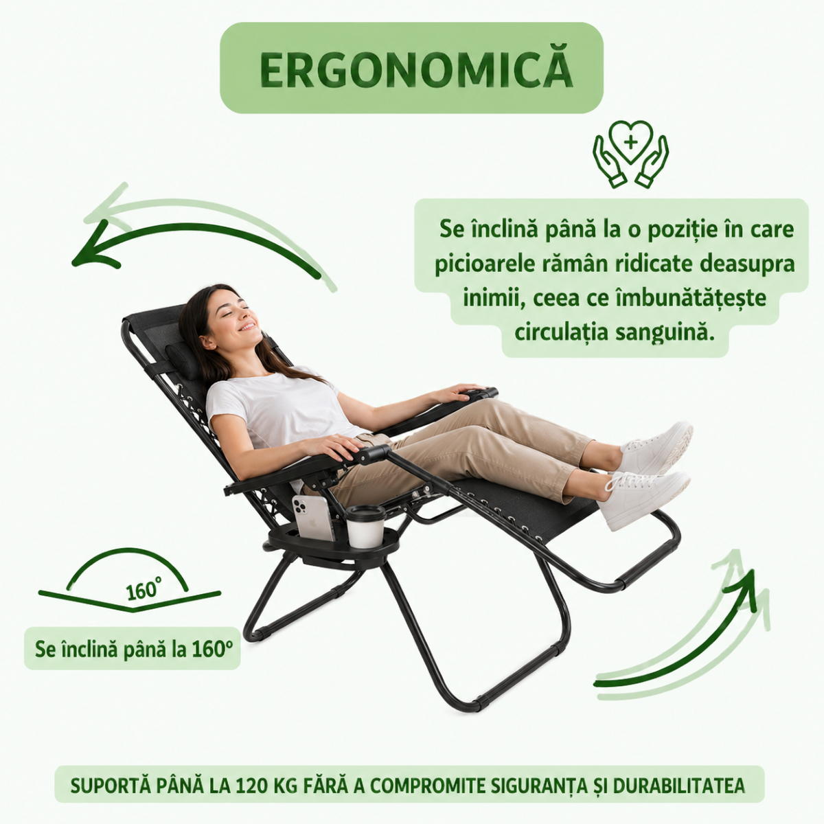 Scaun relaxare pliabil zero gravity tip sezlong negru cu suport pahar si tava, tetiera detasabila, structura otel - imagine 9