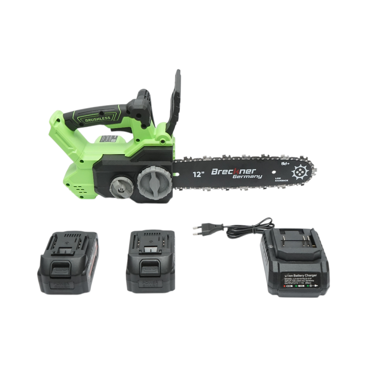 Drujba electrica profesionala cu 2 acumulatori 20V, 4Ah Li-ion, motor brushless, display digital LED, lama 12 inch (300mm) Breckner Germany - imagine 2
