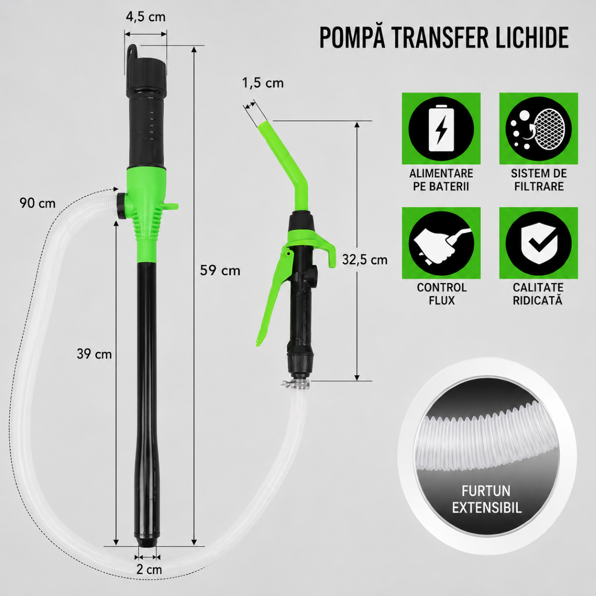 Pompa electrica transfer combustibil portabila cu baterii, debit 9 L/min, duza control flux, furtun flexibil 90cm - imagine 4