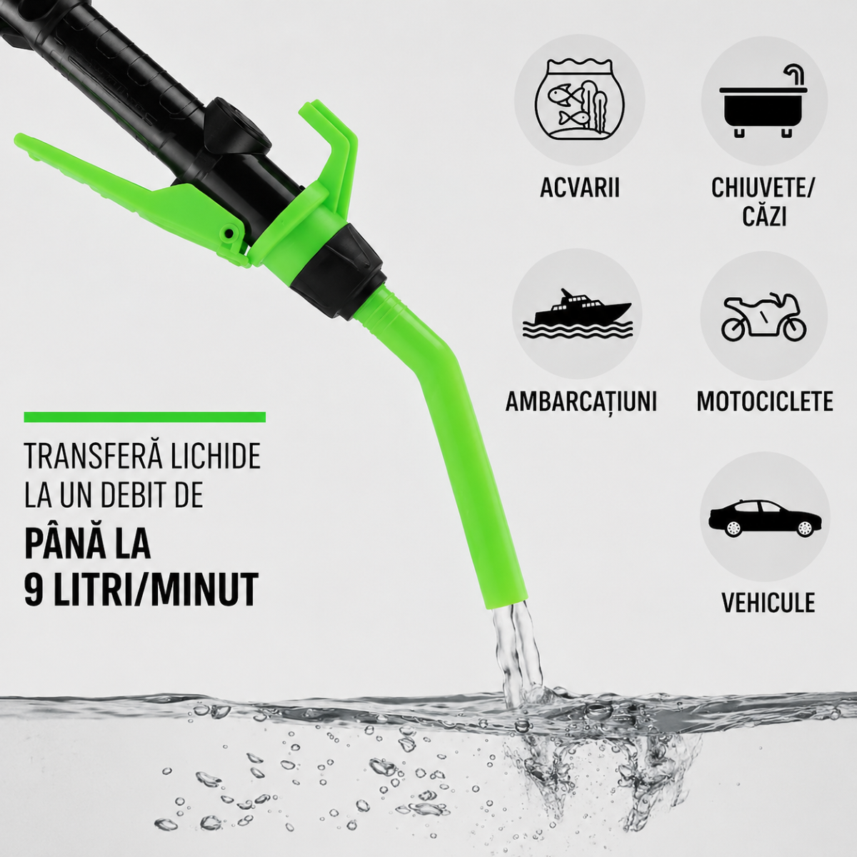 Pompa electrica transfer combustibil portabila cu baterii, debit 9 L/min, duza control flux, furtun flexibil 90cm - imagine 5