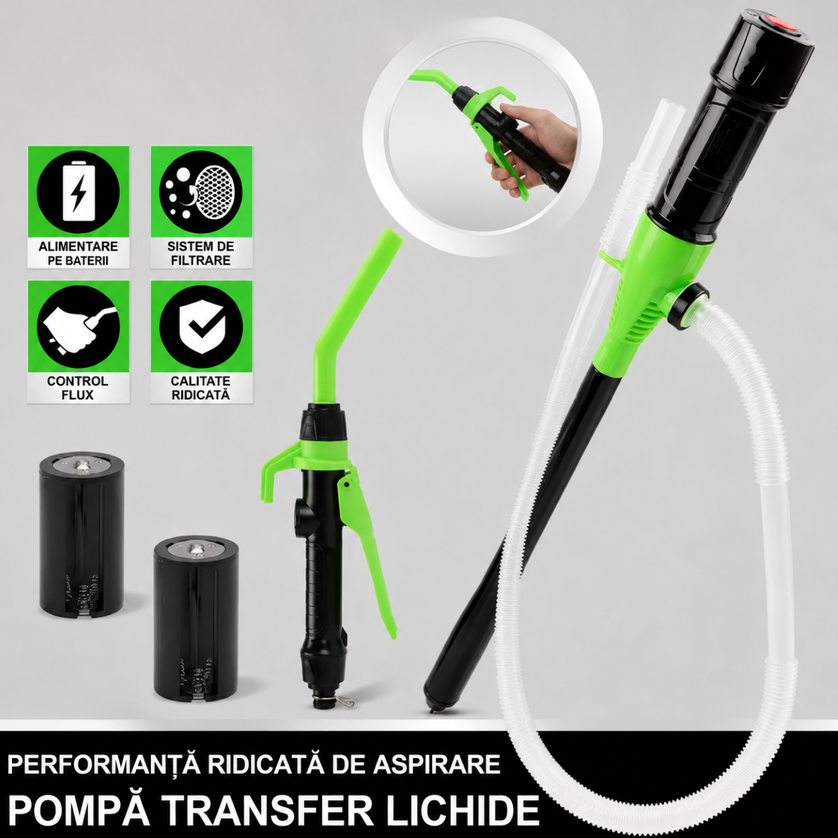 Pompa electrica transfer combustibil portabila cu baterii, debit 9 L/min, duza control flux, furtun flexibil 90cm - imagine 6