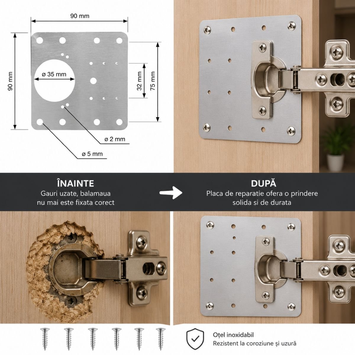 Placa reparatie fixare balama mobilier 35mm otel inoxidabil - imagine 3