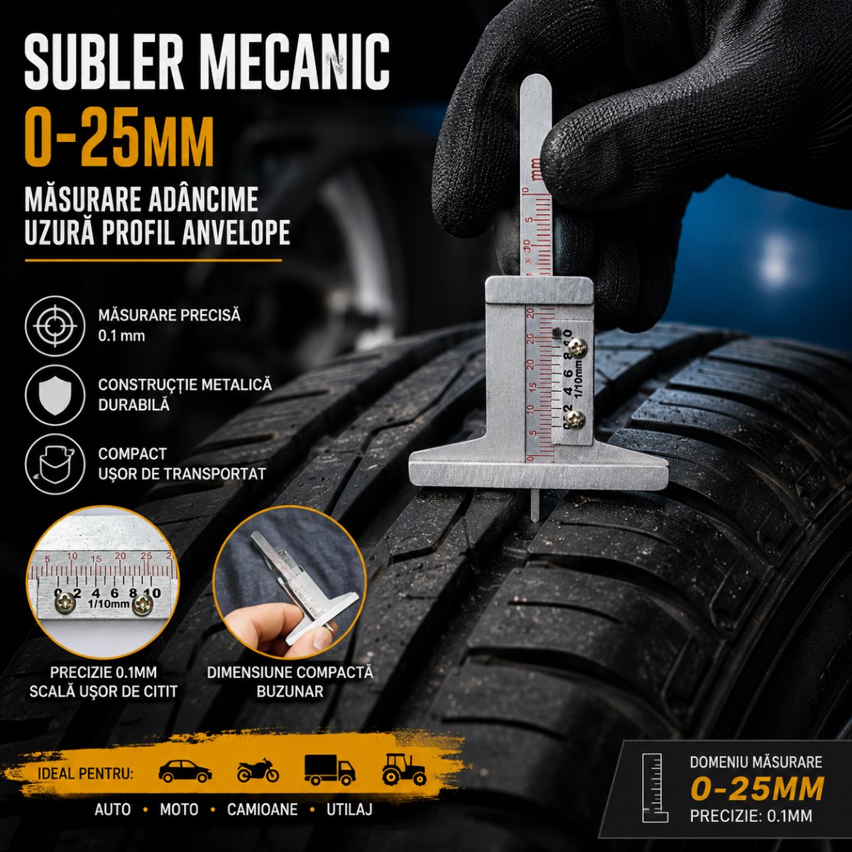 Subler mecanic masurare adancime uzura profil anvelope 0-25mm - imagine 3