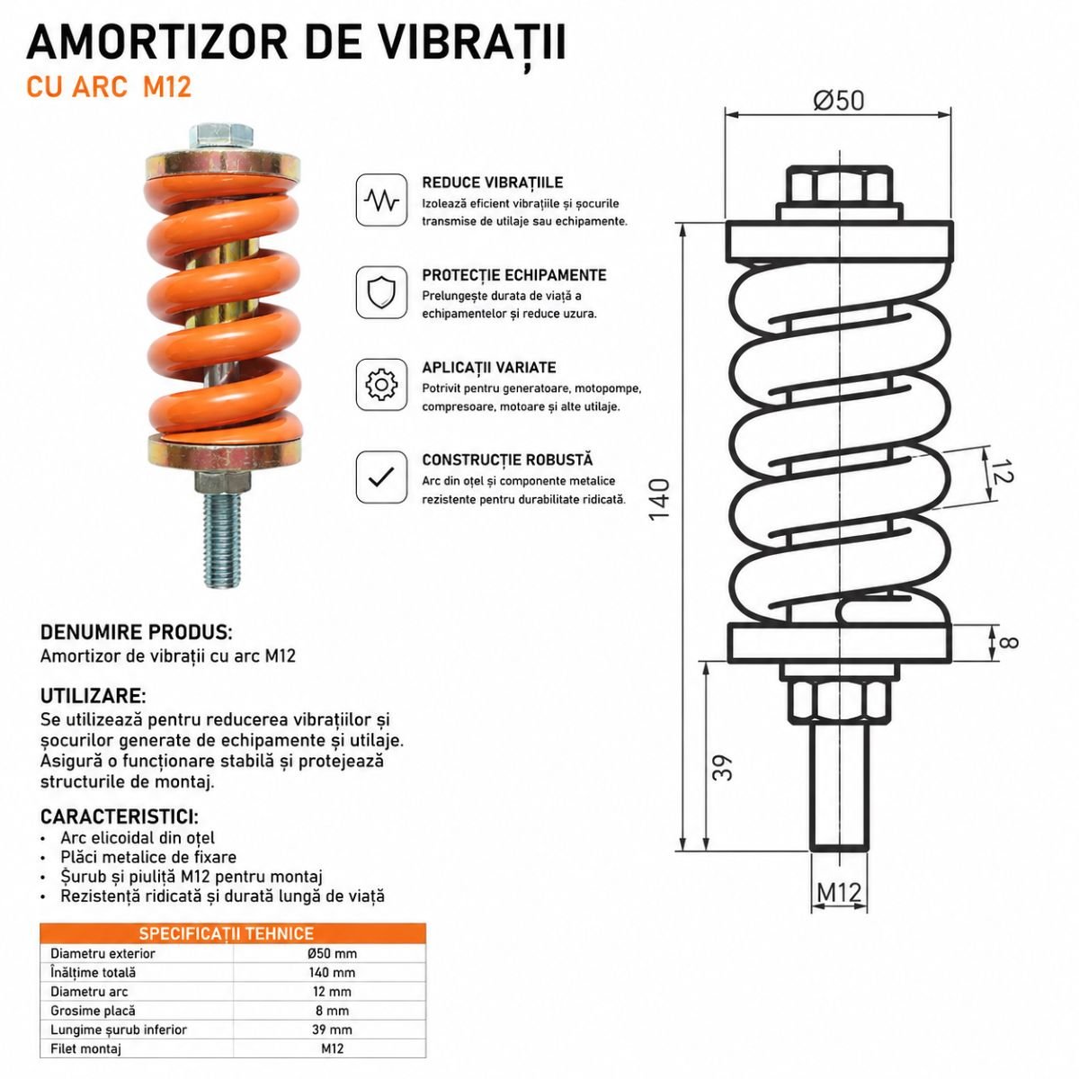Amortizor de vibratii cu arc M12x140mm - imagine 3