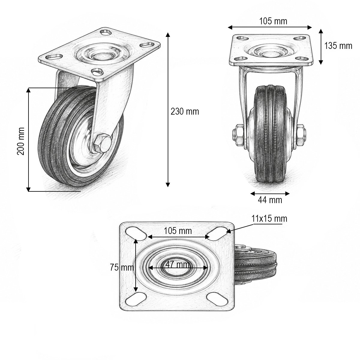 Roata pivotanta industriala 200x44mm fara frana, cauciuc plin negru, placa otel 135x105mm 140kg - imagine 3
