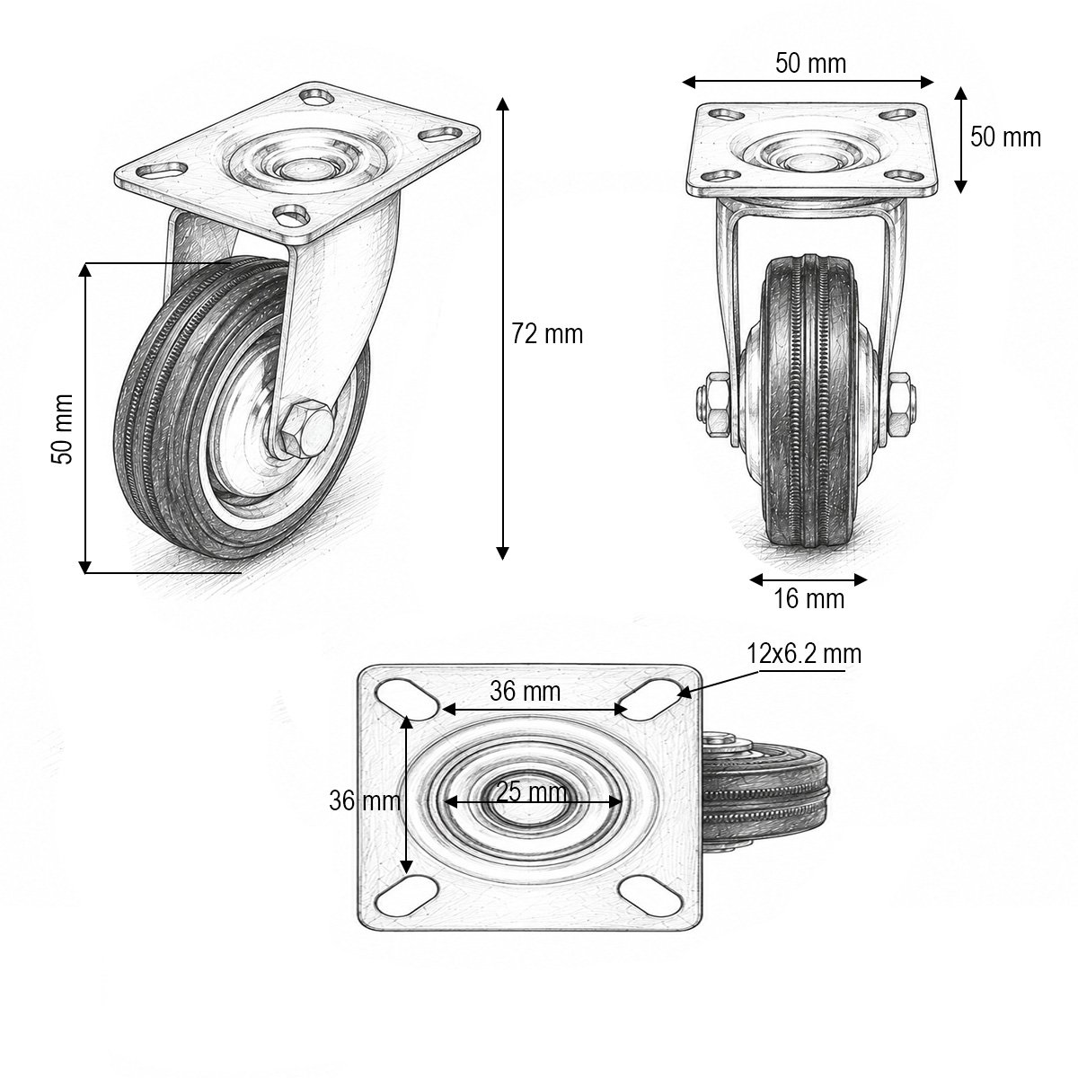 Roata pivotanta 50x16mm fara frana, cauciuc plin albastru, placa otel 50x50mm 27kg - imagine 3