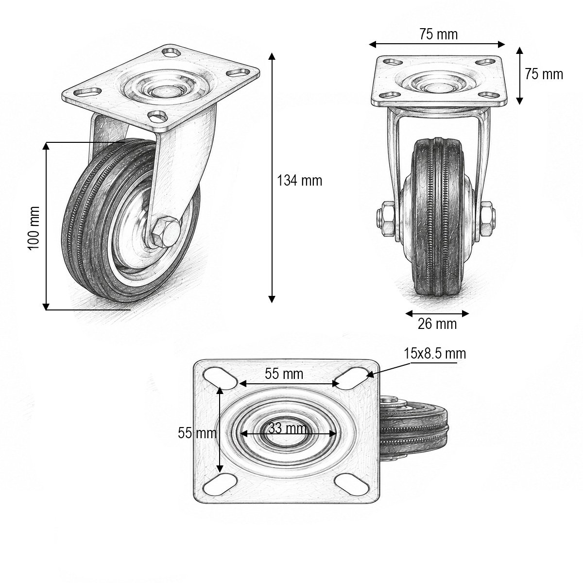 Roata pivotanta 100x26mm fara frana, cauciuc plin albastru, placa otel 75x75mm 55kg - imagine 3