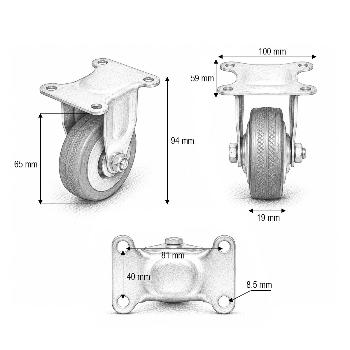 Roata fixa 65x19mm fara frana, cauciuc plin albastru, placa otel 100x59mm 35kg - imagine 3