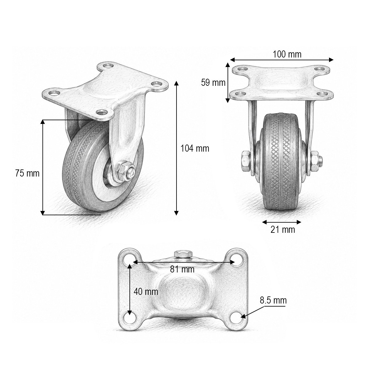 Roata fixa 75x21mm fara frana, cauciuc plin albastru, placa otel 100x59mm 45kg - imagine 3