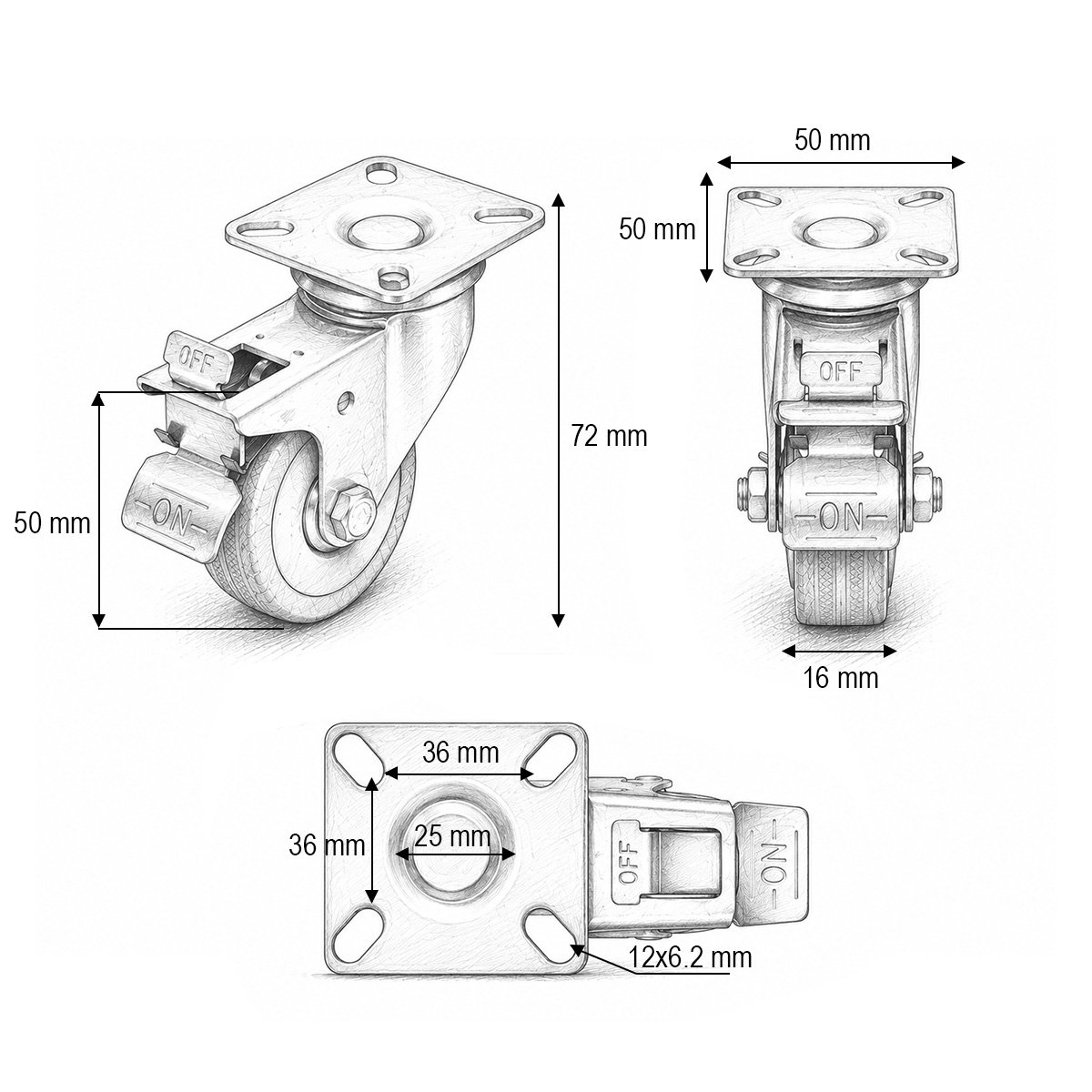 Roata pivotanta 50x16mm cu frana, cauciuc plin albastru, placa otel 50x50mm 27kg - imagine 3