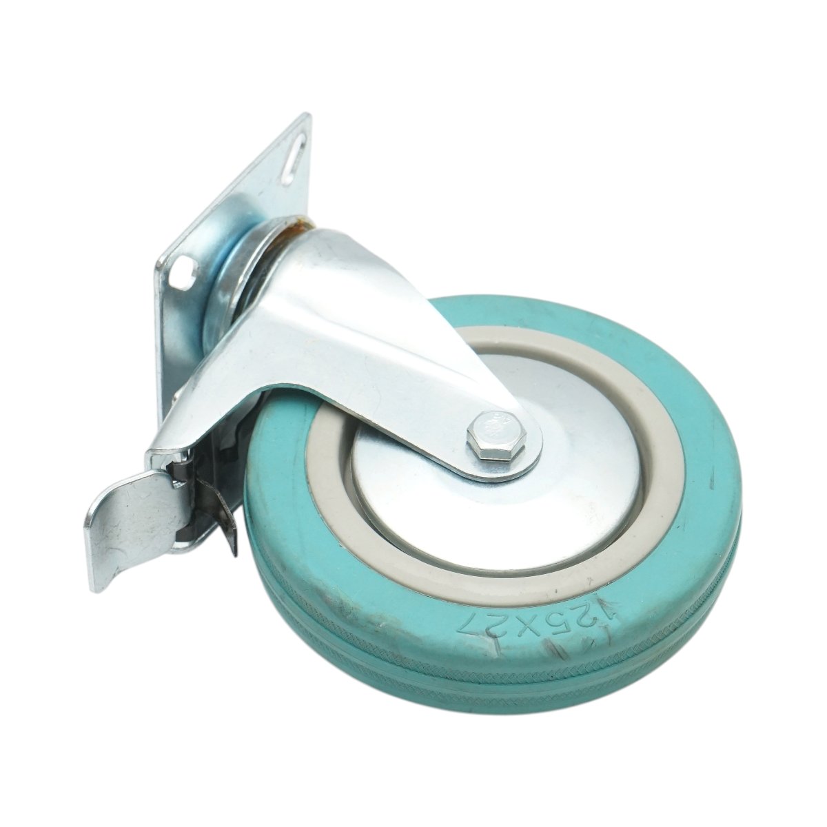 Roata pivotanta 125x27mm cu frana, cauciuc plin albastru, placa otel 75x75mm 60kg - imagine 6