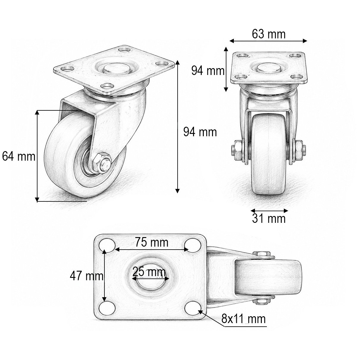 Roata pivotanta 64x31mm fara frana, PVC portocaliu, placa otel 94x63mm 60kg - imagine 3