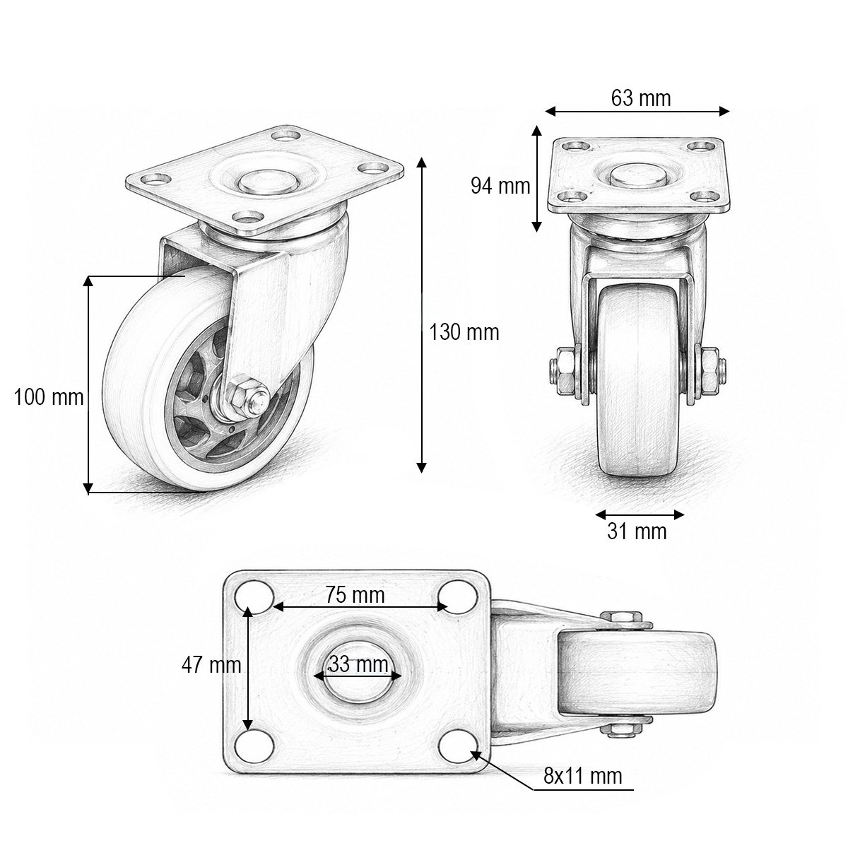 Roata pivotanta 100x31mm fara frana, PVC portocaliu, placa otel 94x63mm 90kg - imagine 3