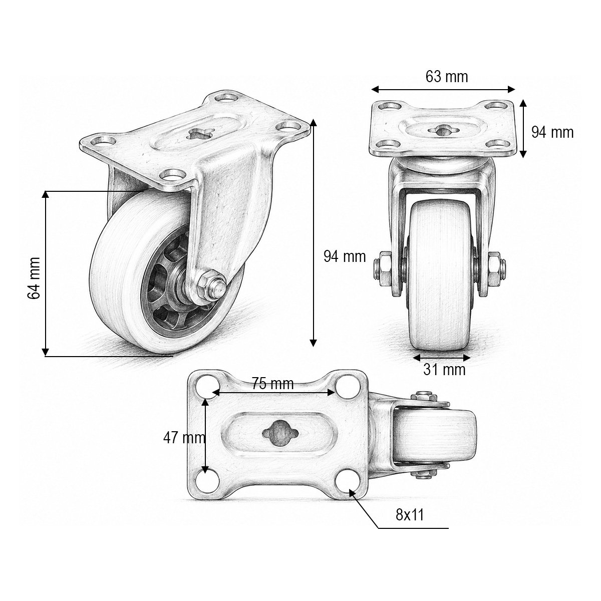 Roata fixa 64x31mm fara frana, PVC portocaliu, placa otel 94x63mm 60kg - imagine 3