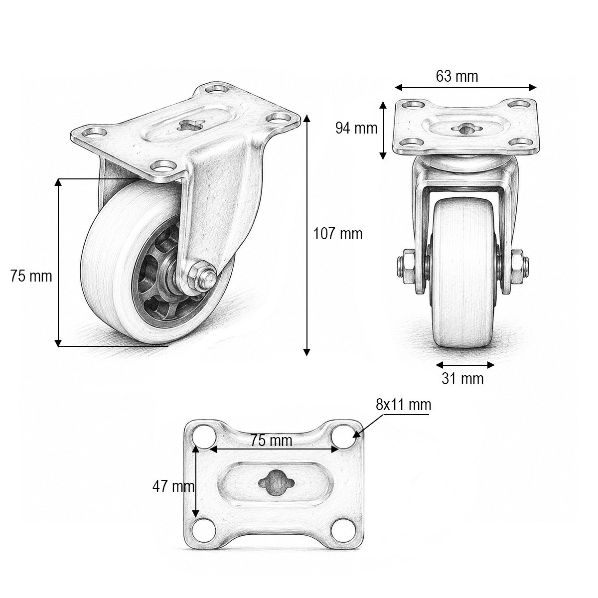 Roata fixa 75x31mm fara frana, PVC portocaliu, placa otel 94x63mm 80kg - imagine 3