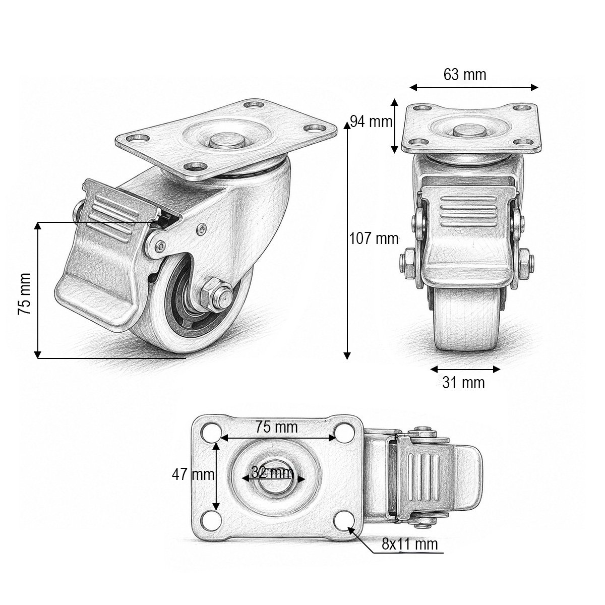 Roata pivotanta 75x31mm cu frana, PVC portocaliu, placa otel 94x63mm 80kg - imagine 3