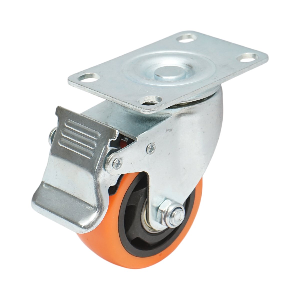 Roata pivotanta 75x31mm cu frana, PVC portocaliu, placa otel 94x63mm 80kg