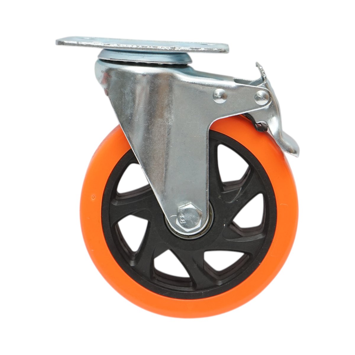Roata pivotanta 125x31mm cu frana, PVC portocaliu, placa otel 94x63mm 100kg - imagine 2