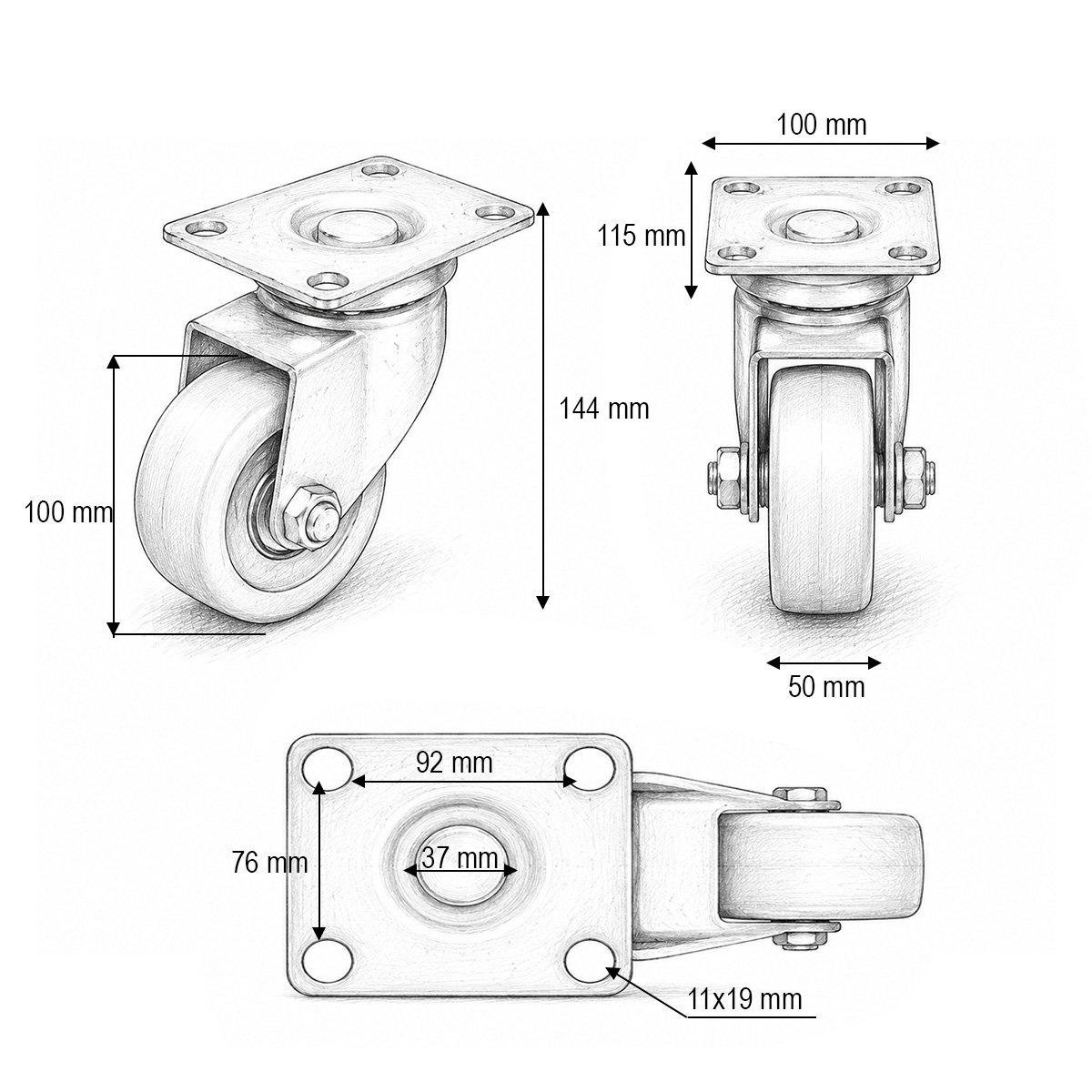 Roata pivotanta industriala 100x50mm fara frana, cauciuc plin negru, placa otel 115x100mm 100kg - imagine 3