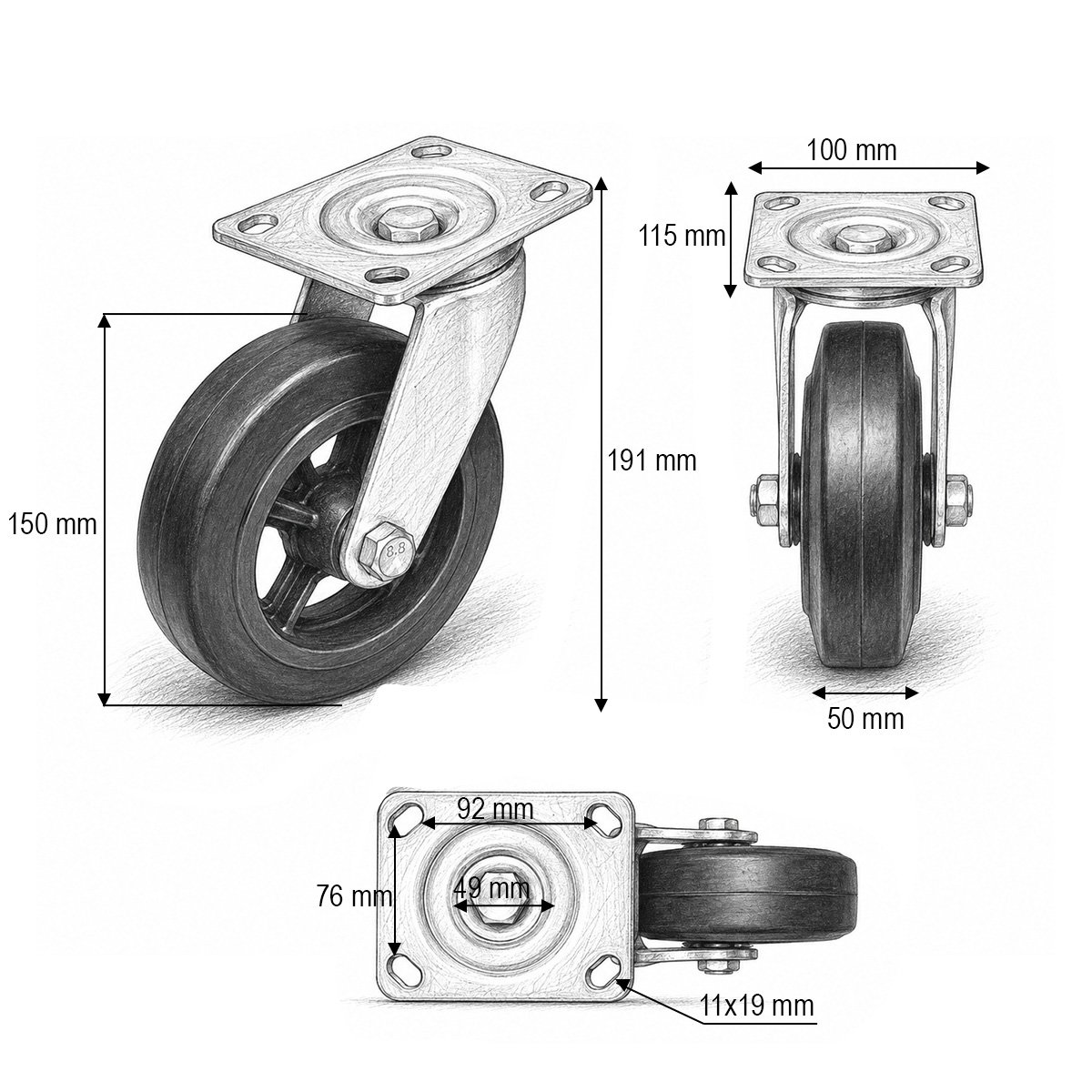 Roata pivotanta industriala 150x50mm fara frana, cauciuc plin negru, placa otel 115x100mm 200kg - imagine 3