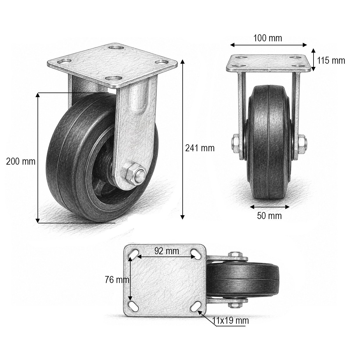 Roata fixa industriala 200x50mm fara frana, cauciuc plin negru, placa otel 115x100mm 220kg - imagine 3