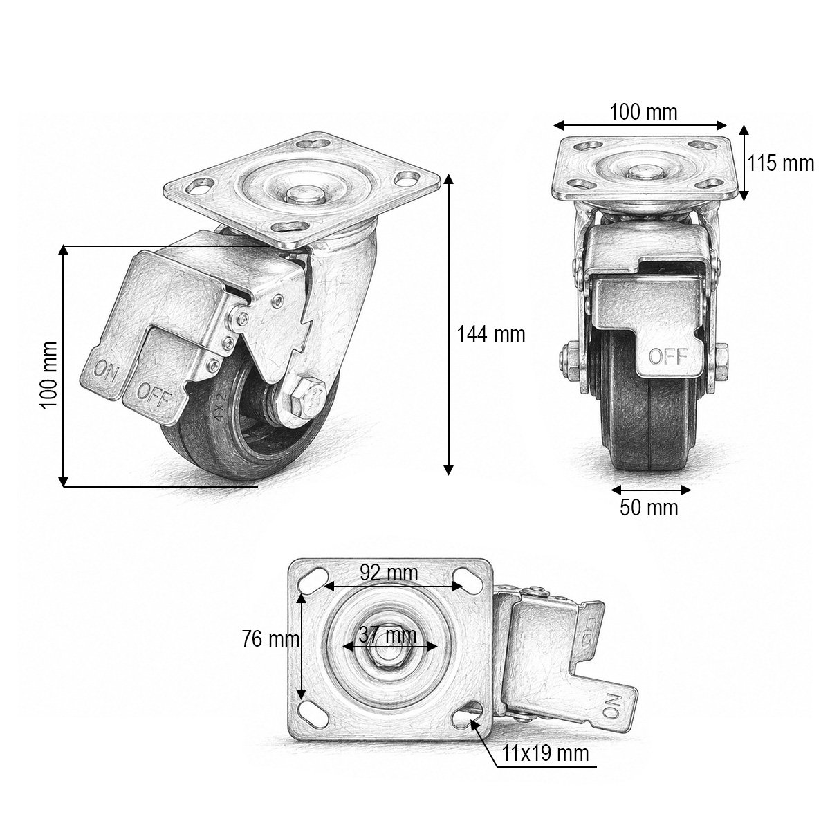 Roata pivotanta industriala 100x50mm cu frana, cauciuc plin negru, placa otel 115x100mm 100kg - imagine 3