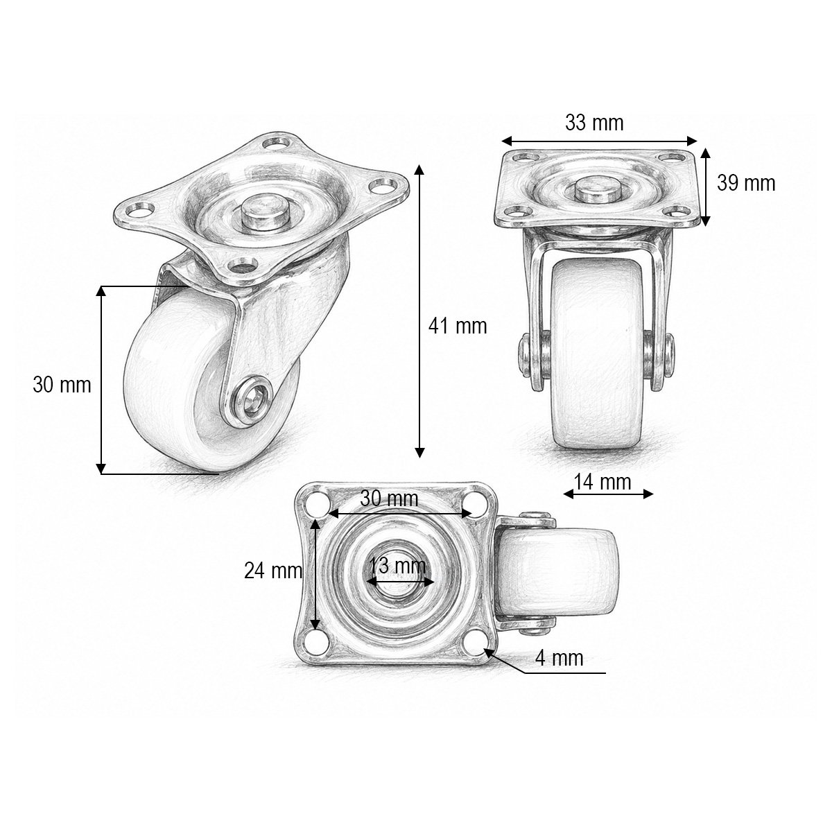 Roata pivotanta 30x14mm fara frana, polipropilena alba, placa otel 39x33mm 15kg - imagine 3