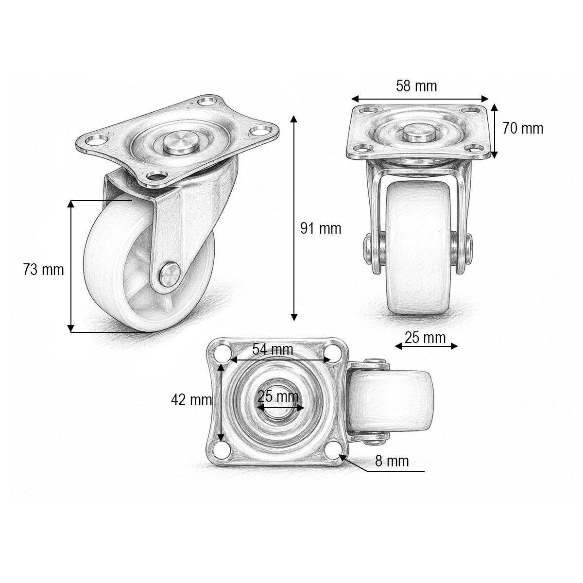 Roata pivotanta 73x25mm fara frana, polipropilena alba, placa otel 70x58mm 45kg - imagine 3