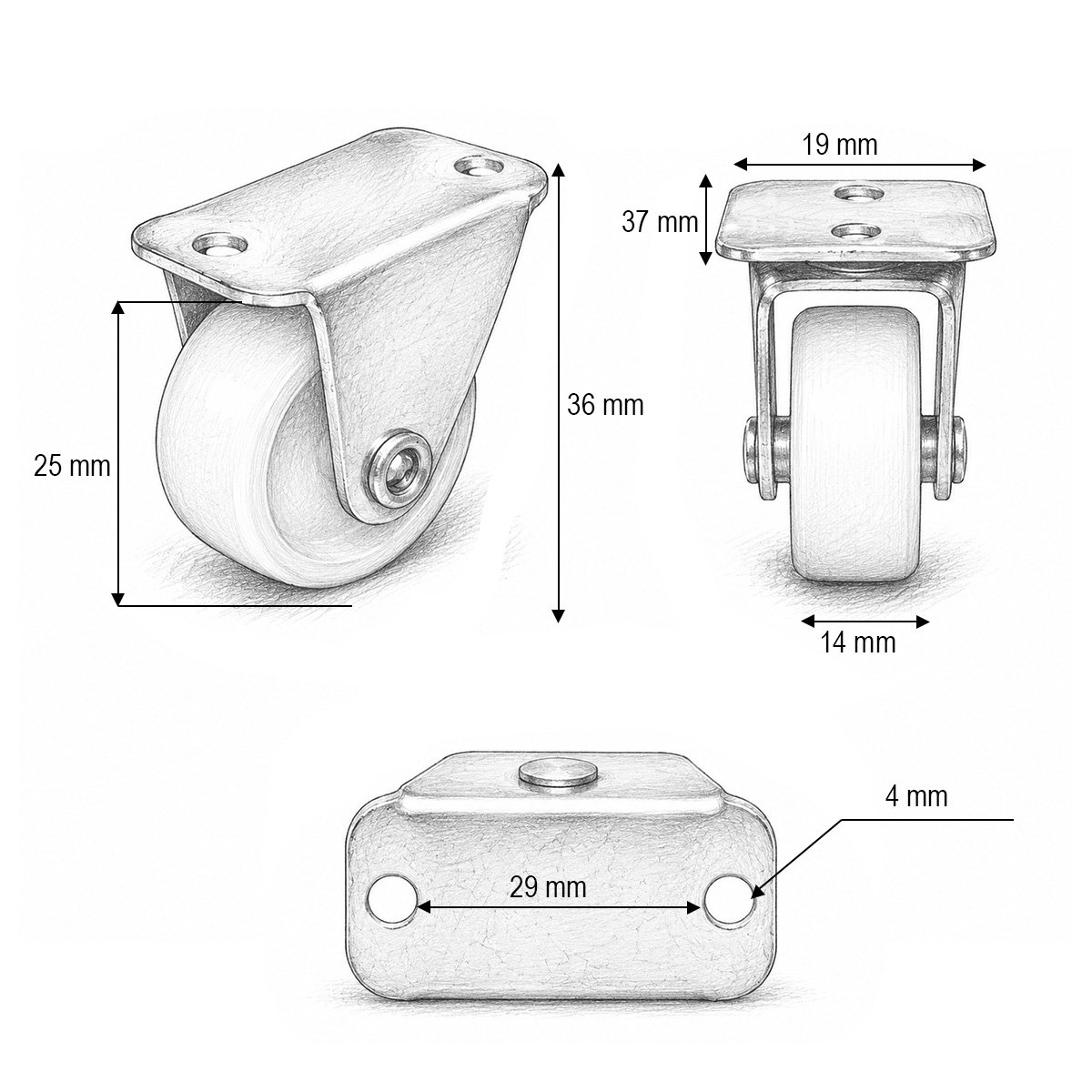 Roata fixa 25x14mm fara frana, polipropilena alba, placa otel 37x19mm 10kg - imagine 3