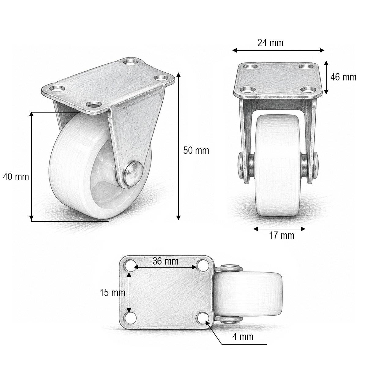Roata fixa 40x17mm fara frana, polipropilena alba, placa otel 46x24mm 20kg - imagine 3