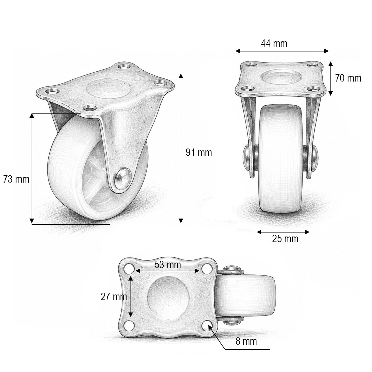 Roata fixa 73x25mm fara frana, polipropilena alba, placa otel 70x44mm 45kg - imagine 3