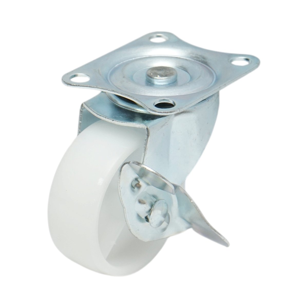 Roata pivotanta 65x23mm cu frana, polipropilena alba, placa otel 70x58mm 35kg