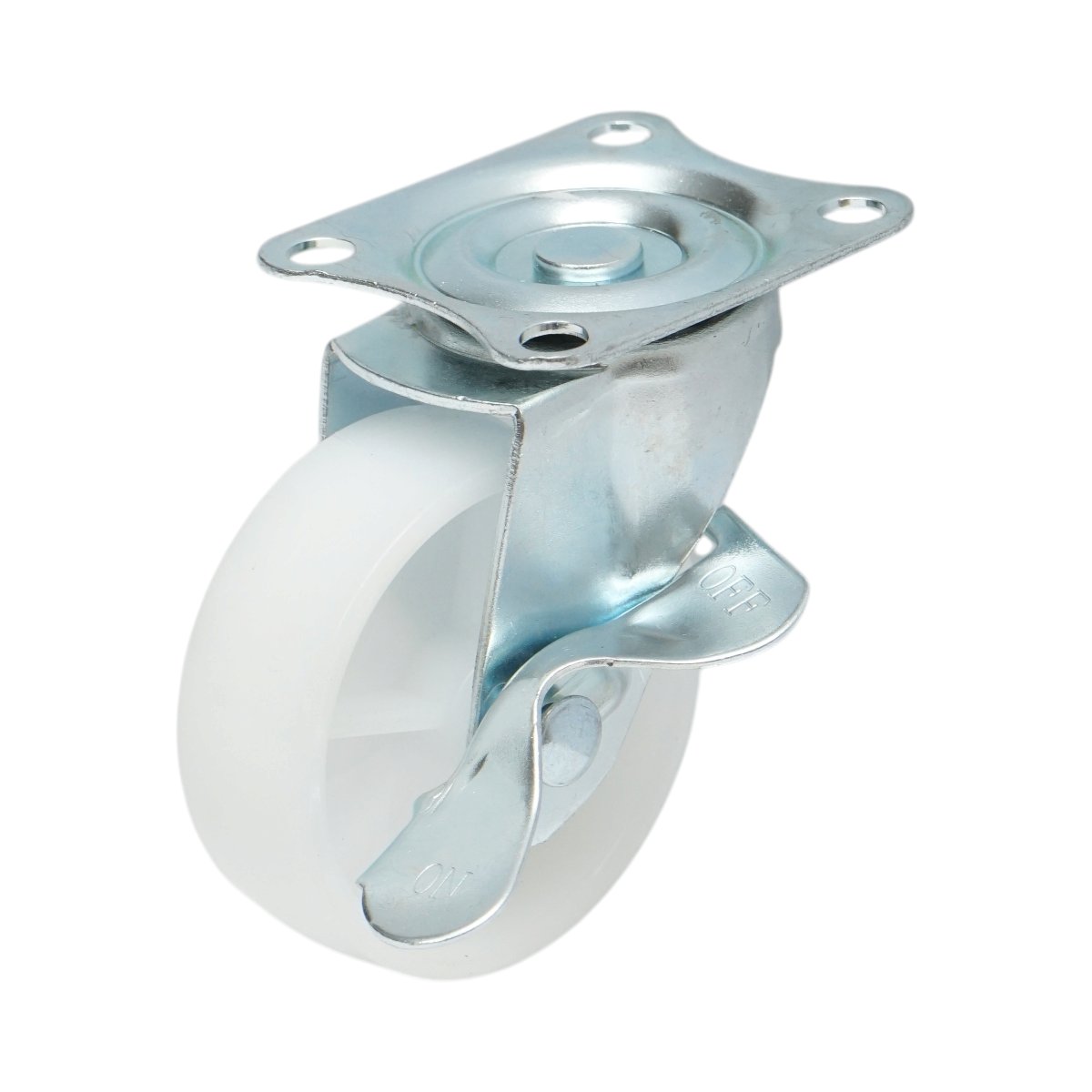Roata pivotanta 73x25mm cu frana, polipropilena alba, placa otel 70x58mm 45kg