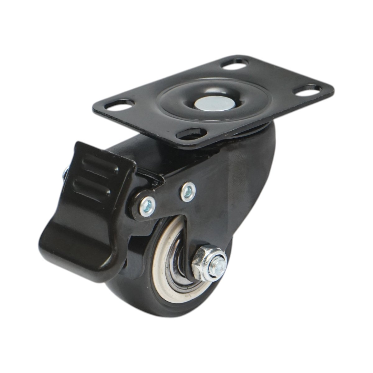 Roata pivotanta 42x21mm cu frana, PVC negru, placa otel 60x43mm 30kg