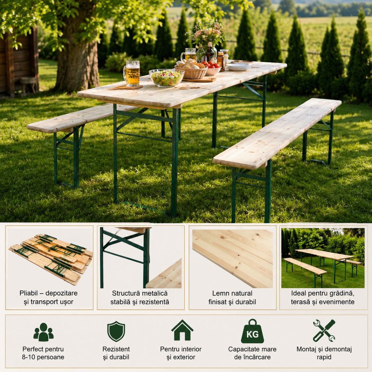Set berarie cu masa si 2 banci pliabile din lemn masiv pentru gradina, terasa, evenimente 2200x800x770mm - imagine 4