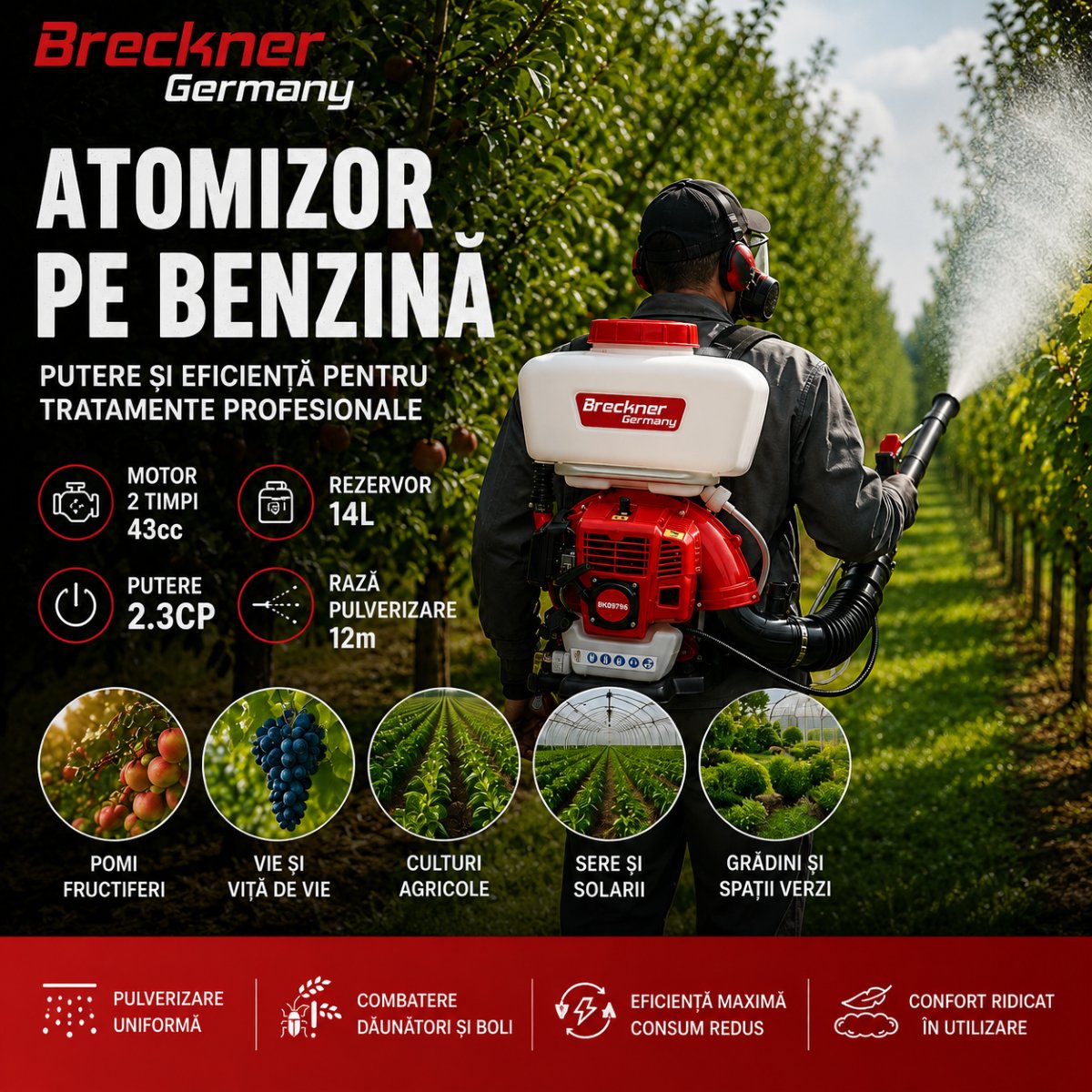 Atomizor pe benzina 14L, motor 2 timpi 2.3CP, 43cc, raza pulverizare 12m Breckner Germany - imagine 8