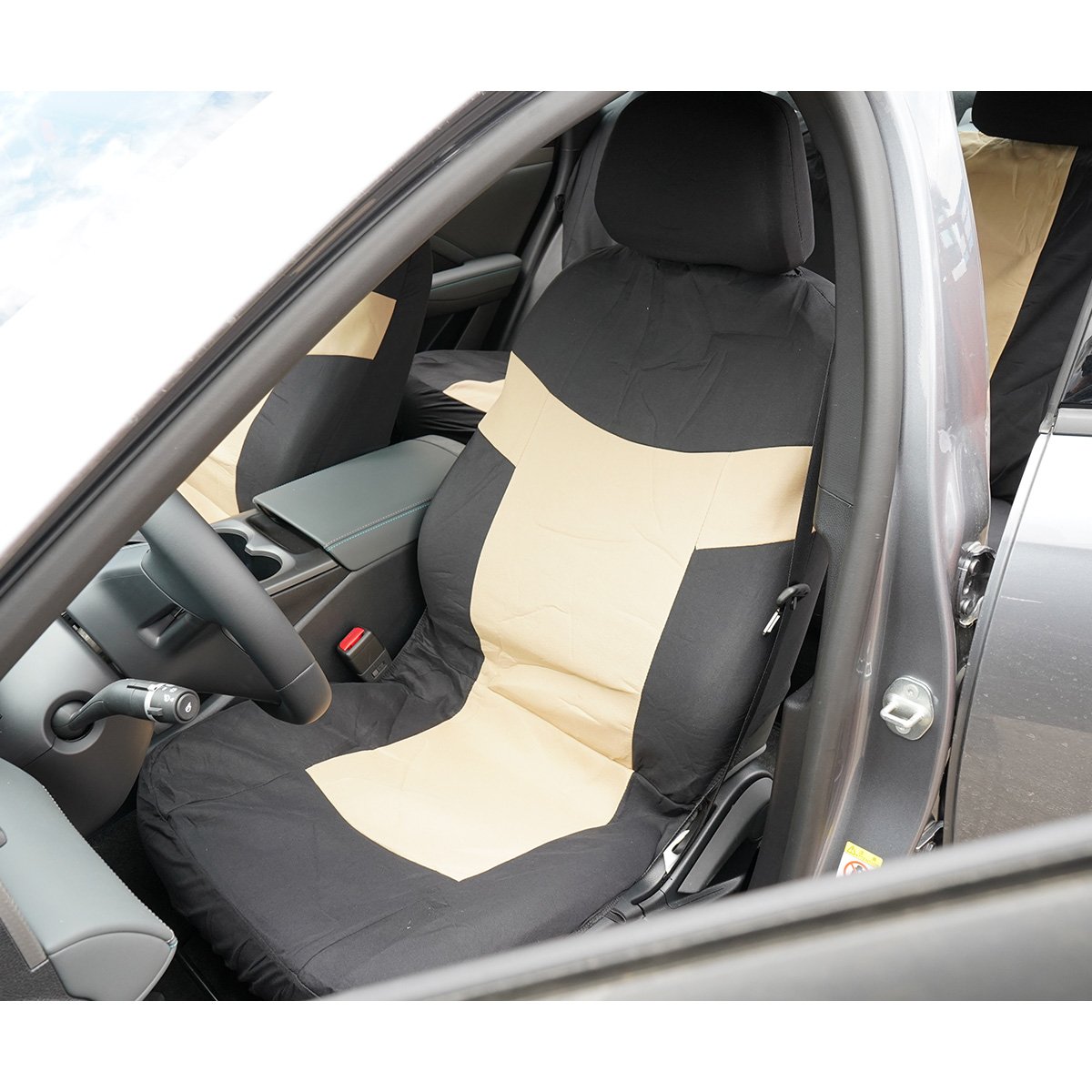 Set huse scaune auto universale crem-negru, material textil 8 piese - imagine 4