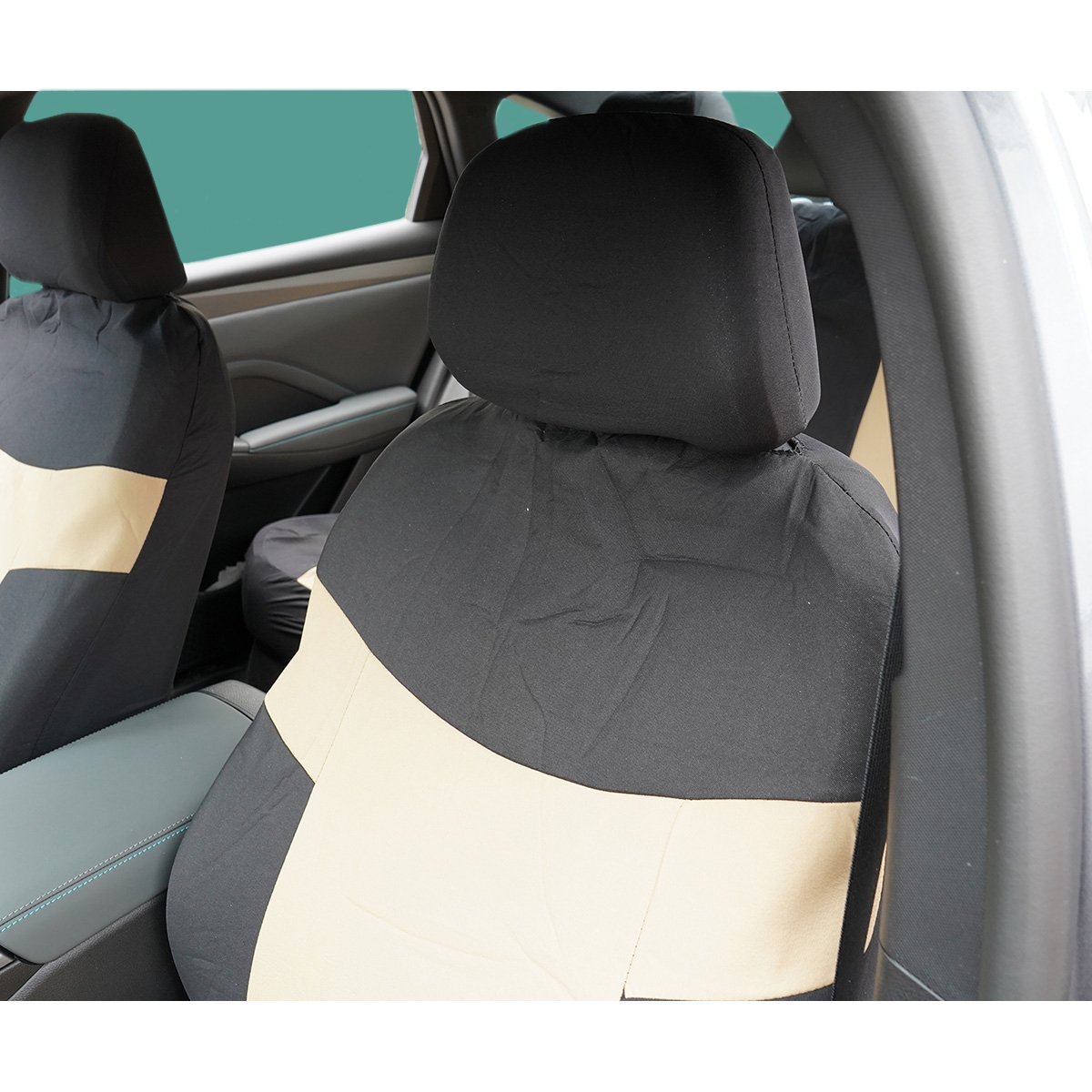 Set huse scaune auto universale crem-negru, material textil 8 piese - imagine 5