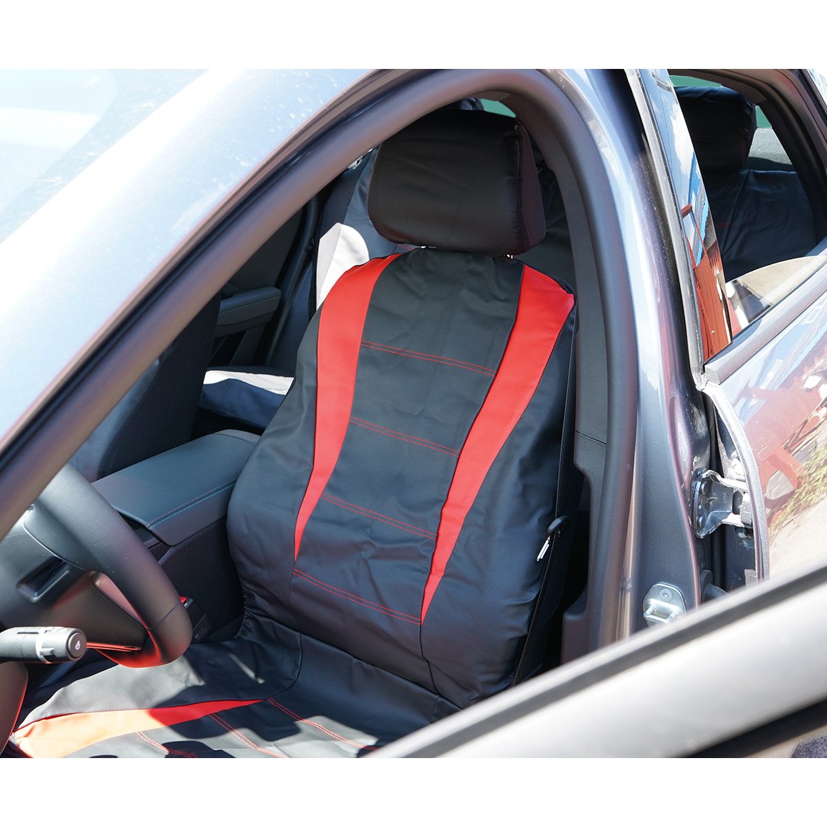 Set huse scaune auto universale negru-rosu, material piele ecologica si textil 8 piese - imagine 4