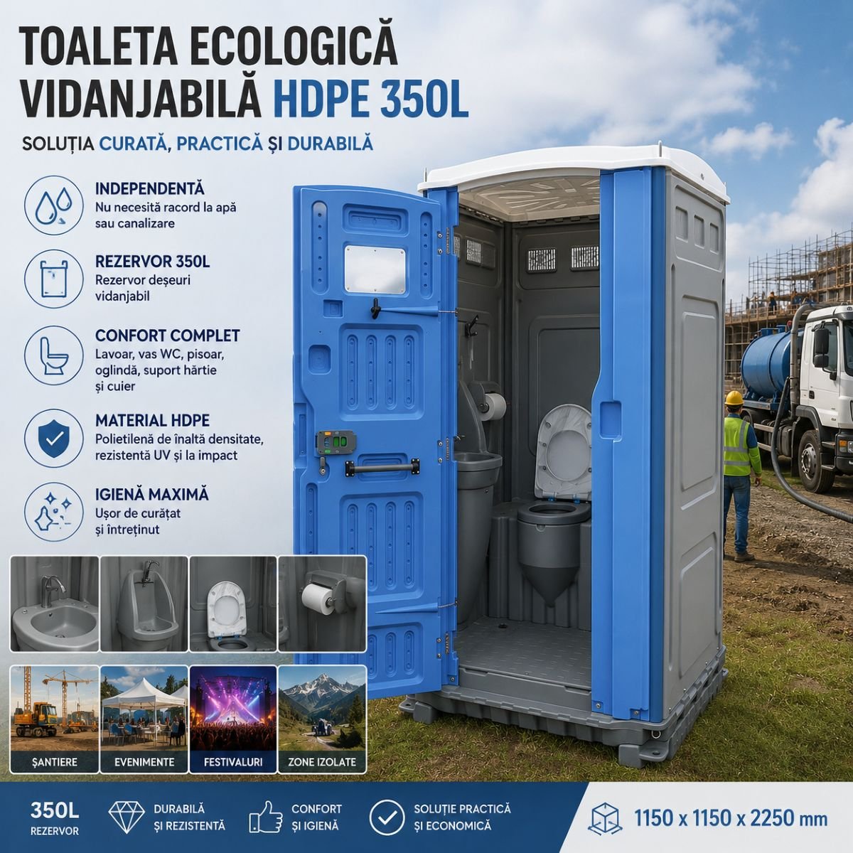 Toaleta ecologica vidanjabila 350L HDPE cu lavoar, pisoar, oglinda, suport hartie si cuier 1150x1150x2250mm - imagine 8