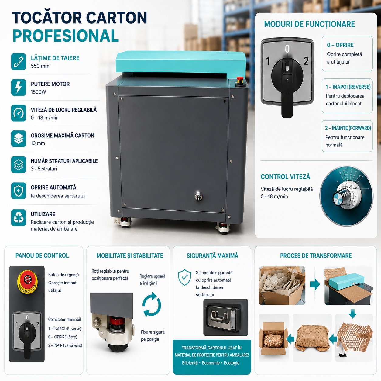 Tocator carton industrial 550mm, 1500W, 220V, viteza reglabila 0-18m/min, grosime maxima 10mm Breckner Germany - imagine 9