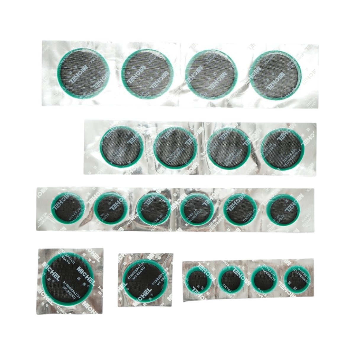 Set 20 petice vulcanizare rotunde 25mm, 32mm, 42mm, 50mm + 1 tub adeziv 20ml pentru camere de aer Michel - imagine 5