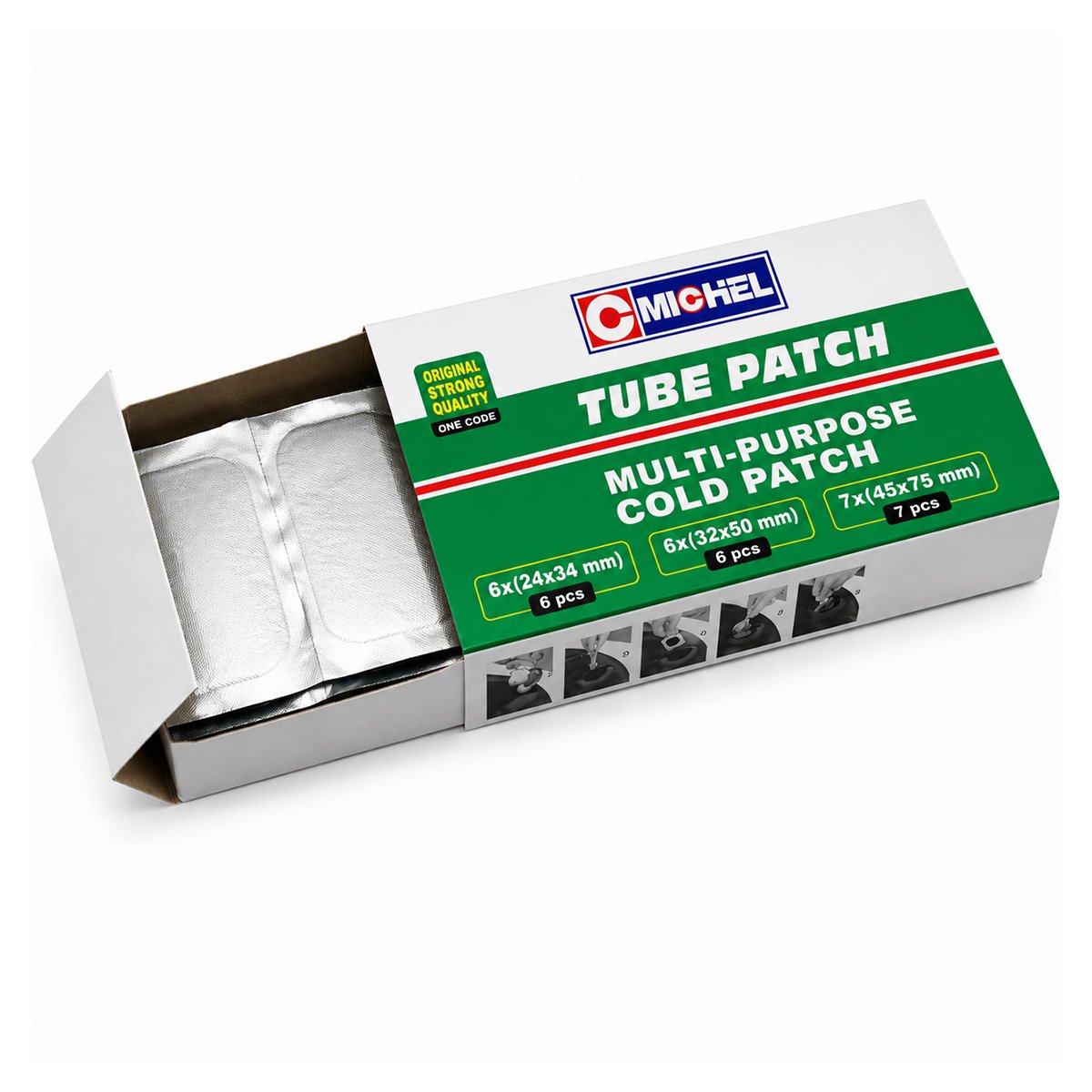 Set 19 petice vulcanizare dreptunghiulare 24x34mm, 6x32mm, 32x50mm, 45x75mm + 1 tub adeziv 20ml pentru camere de aer Michel - imagine 4